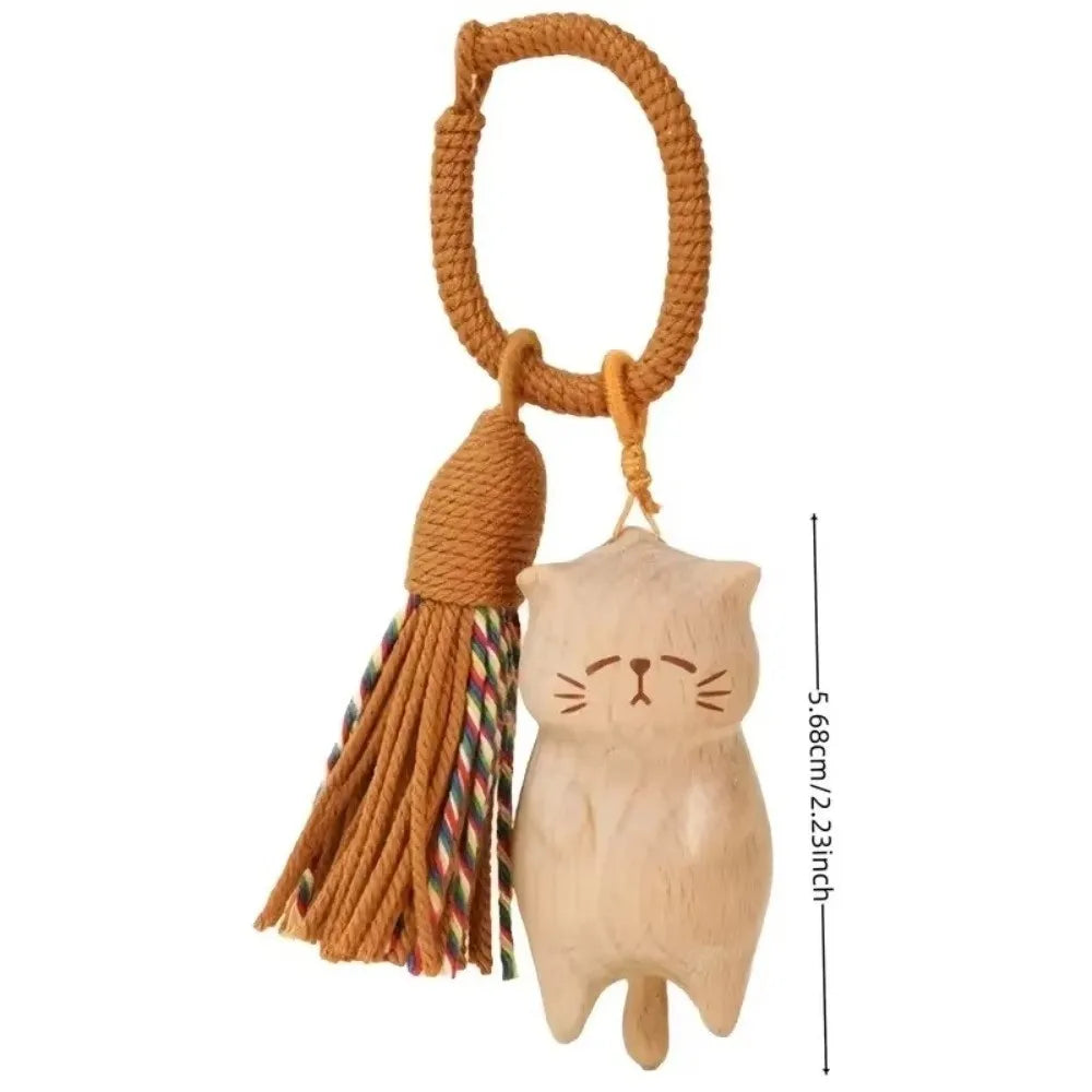 Retro Tassel Handcrafted Wooden Cat Pendant Wooden Material Bags Decoration Cat Keychain Money Catching Cat Bag Pendant