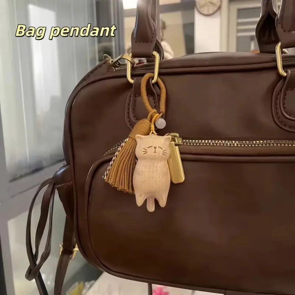 Retro Tassel Handcrafted Wooden Cat Pendant Wooden Material Bags Decoration Cat Keychain Money Catching Cat Bag Pendant