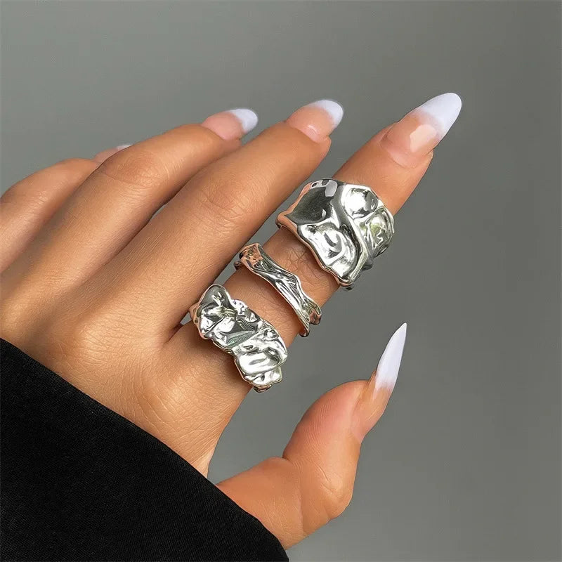 Punk Golden Liquid Rings Set For Women Fashion Irregular Wave Metal Knuckle Rings Aesthetic Egirl Gothic Jewelry Birthday Gifts