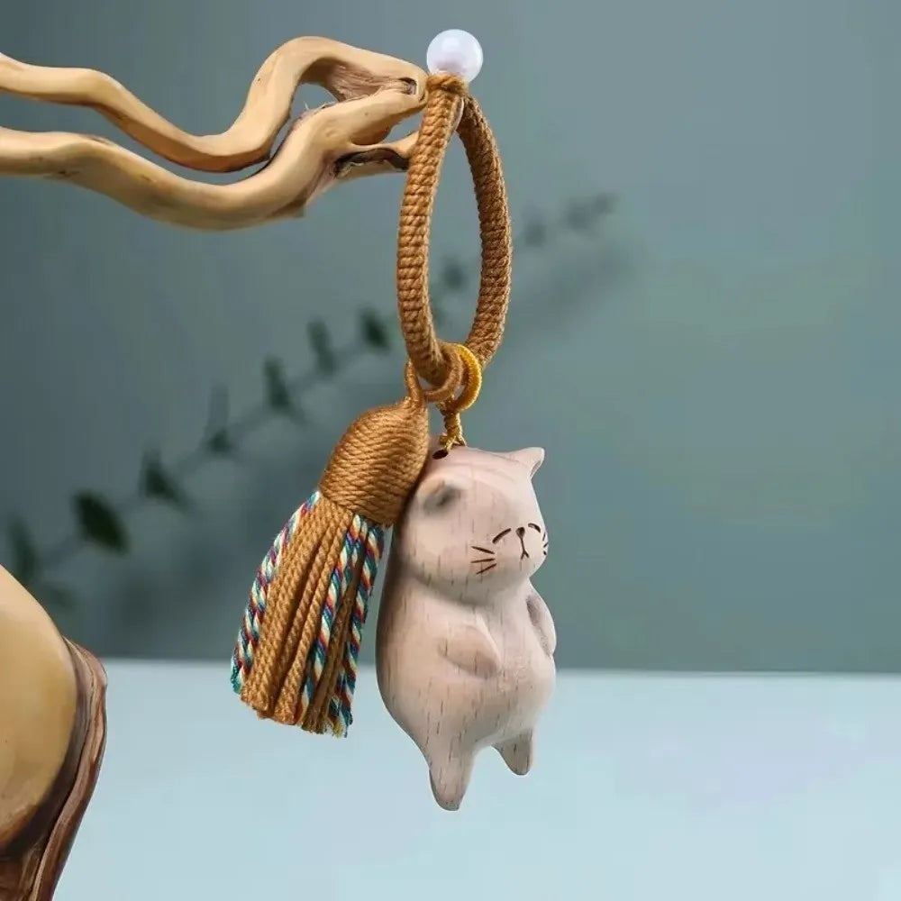 Retro Tassel Handcrafted Wooden Cat Pendant Wooden Material Bags Decoration Cat Keychain Money Catching Cat Bag Pendant